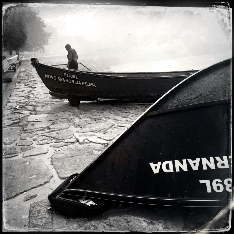 boats, fog, man